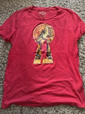 Guess Red Graphic Keyhole Tee with Vintage Illustration
